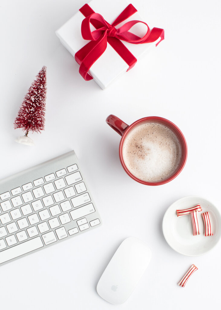 keyboard, hot coco and Christmas gifts makes planning a wedding more fun